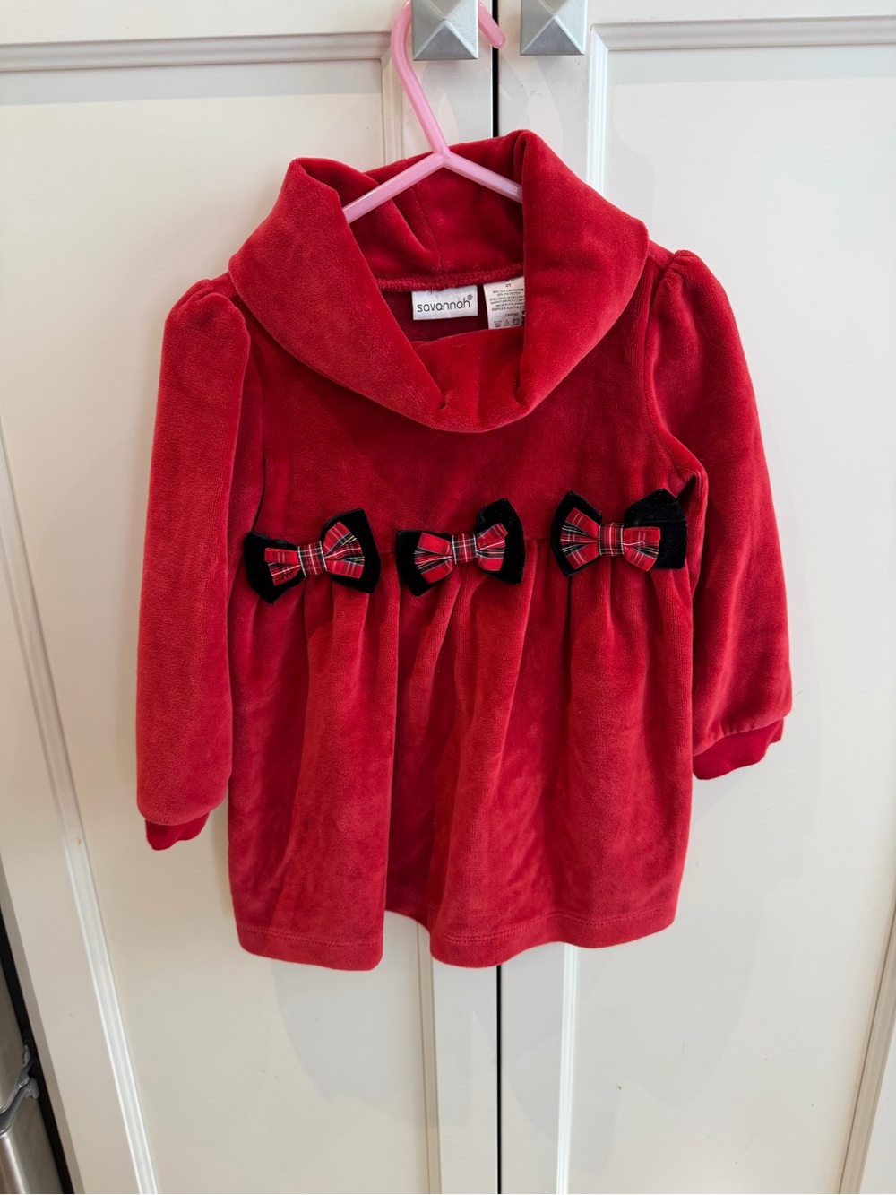 Savannah 2t Red Plush Dress with Plaid Bows